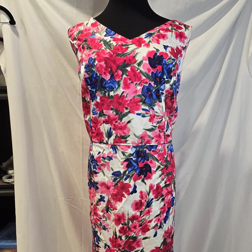 Talbots Floral Dress Size 14W Blue, Red, & White Lined Zip Sleeveless